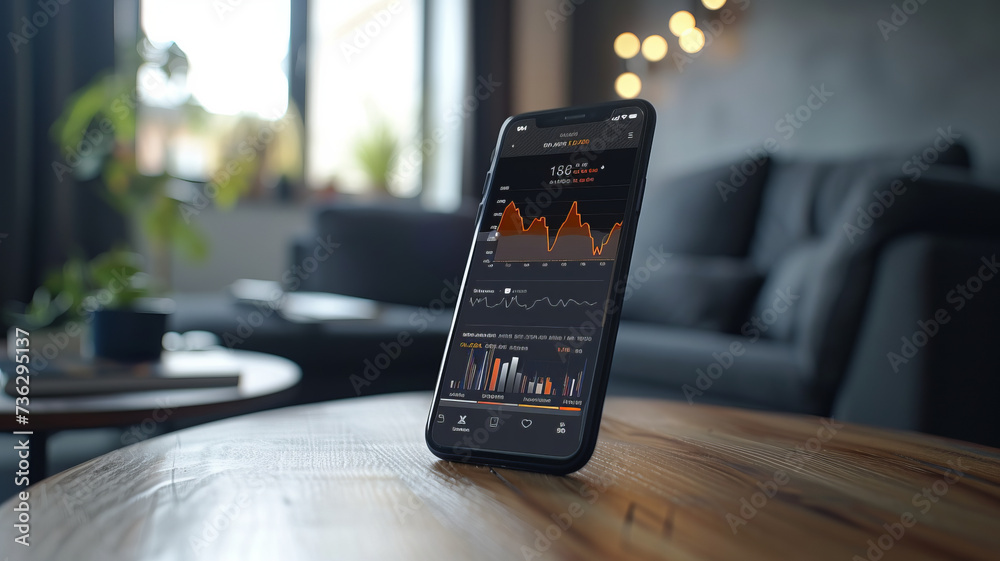 Intimate look at a modern trading app on a smartphone, featuring touch-responsive, live market graphs and transaction notifications,generative ai - obrazy, fototapety, plakaty 