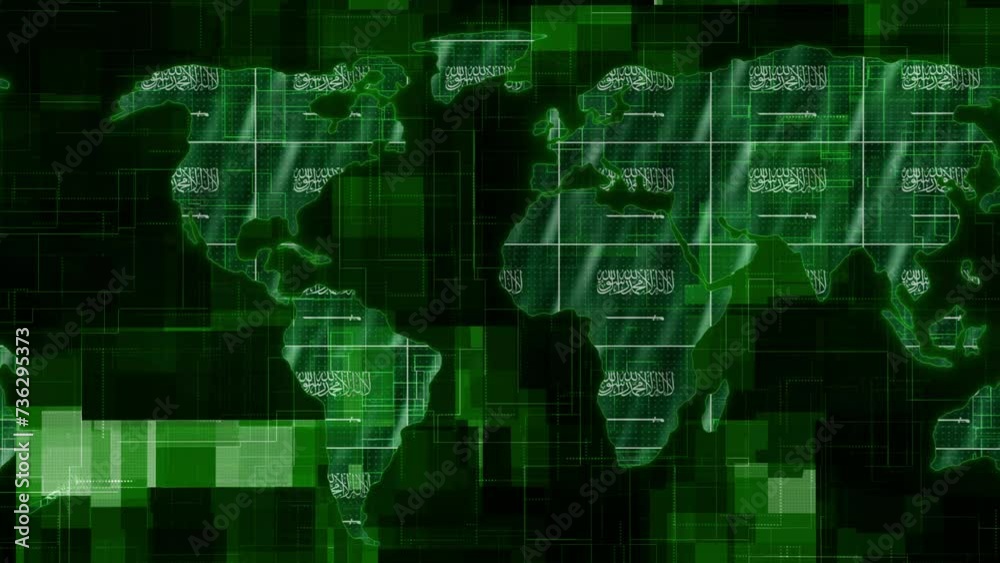 Saudi Arabia flag earth map glowing technology motion news background Saudi Arabia flag earth map glowing technology motion news background