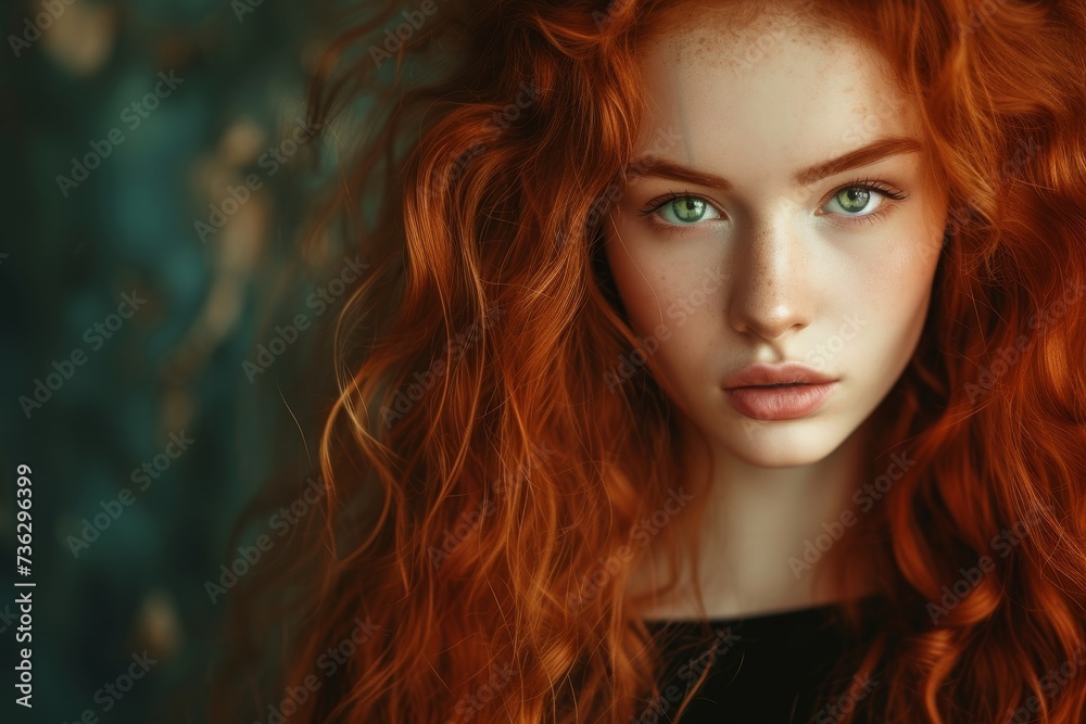 Redhead girl with curly hair poses beautifully Isolated on vintage background with stunning hair and green eyes Represents beauty art fashion health and wellbein