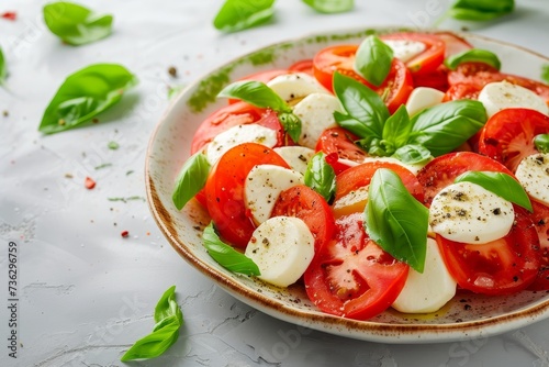 Tomato salad with mozzarella basil on white marble