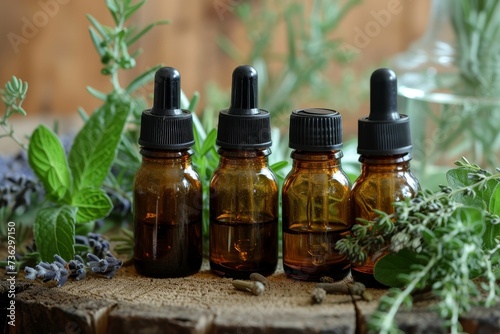 Small bottles of herbal medicine for pain relief and muscle discomfort treatments