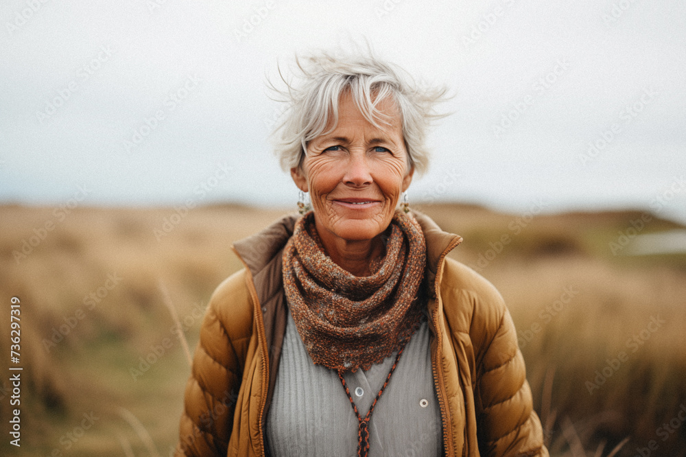Portrait photo of 60 y.o woman smiling. Ai generated picture at a seaside with long grass and sunset lighting. Portrait photo of 60 y.o woman smiling. Ai generated picture at a seaside with long grass and sunset lighting.