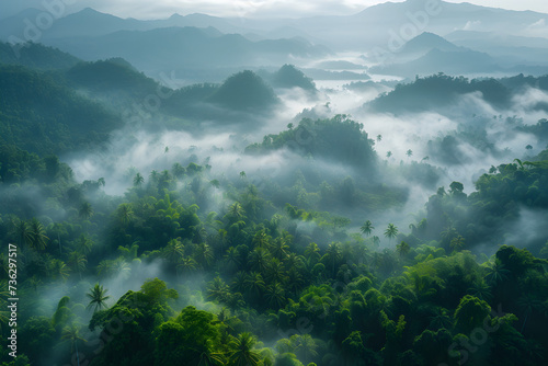 A foggy landscape in the jungle with a cloud-covered mountain and lush green valley, creating a serene and tranquil atmosphere. Ideal for vacation and travel concepts.