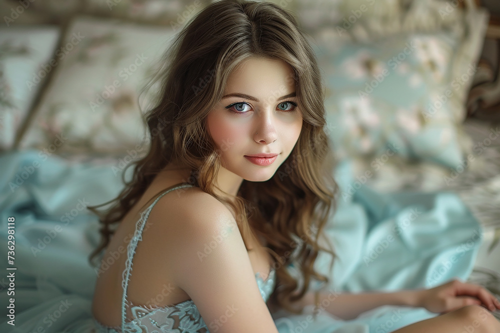 A beautiful woman sitting in a bedroom A beautiful woman sitting in a bedroom