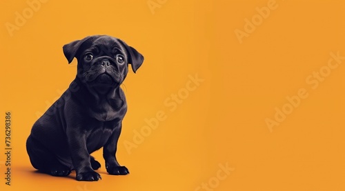 Un chien de race bouledogue français sur un fond coloré orange, image avec espace pour texte. photo