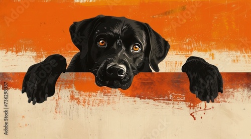 La tête d'un chien noir sur un fond orange, image avec espace pour texte.