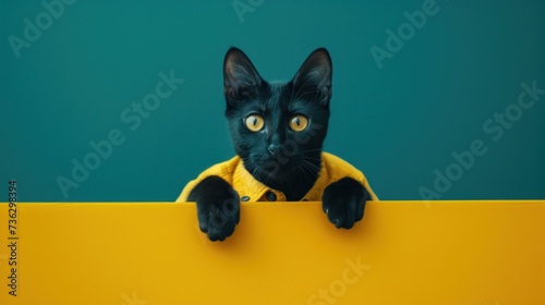Un chat noir habillé en jaune sur un fond vert, image avec espace pour texte. © David Giraud