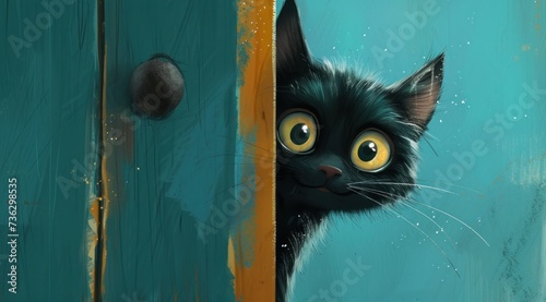 La tête d'un chat noir derrière une porte.