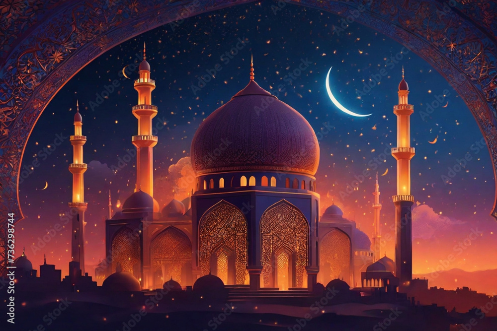 Illuminate your Ramadan collection with captivating AI art, featuring tranquil mosque silhouettes, crescent moons, and warm, glowing hues, capturing the serene spirit of Ramadan nights.