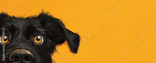La tête d'un chien noir sur un fond jaune uni, image avec espace pour texte. photo