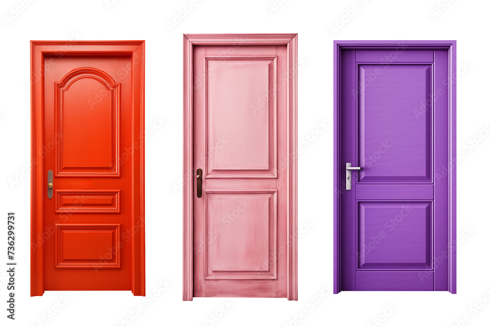 Set of colorful wooden doors. Transparent background.