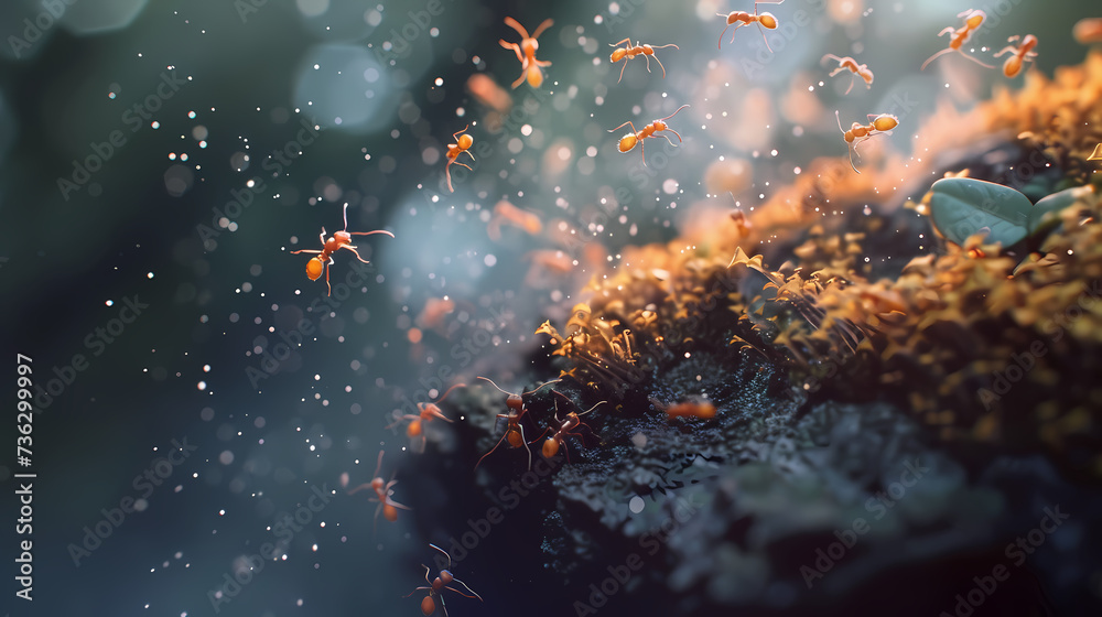 Ant communication through pheromones, showcasing the intricate dance of ants leaving and following scent trails Ant communication through pheromones, showcasing the intricate dance of ants leaving and following scent trails