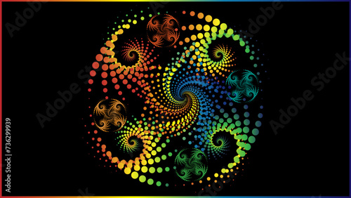 The vector dotted spiral vortex graphic is a visually interesting and complex image. The use of color, movement, and text all contribute to its overall effect.