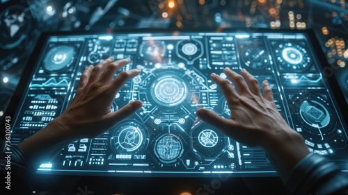 Hands interacting with holographic controls in a futuristic user interface, illustrating the intuitive nature of holographic technology