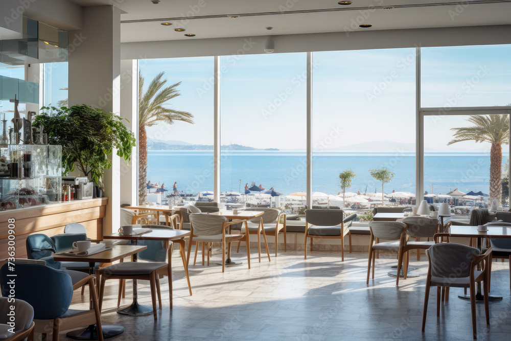 Fototapeta premium a modern cafe interior design, with wide windows, sea view