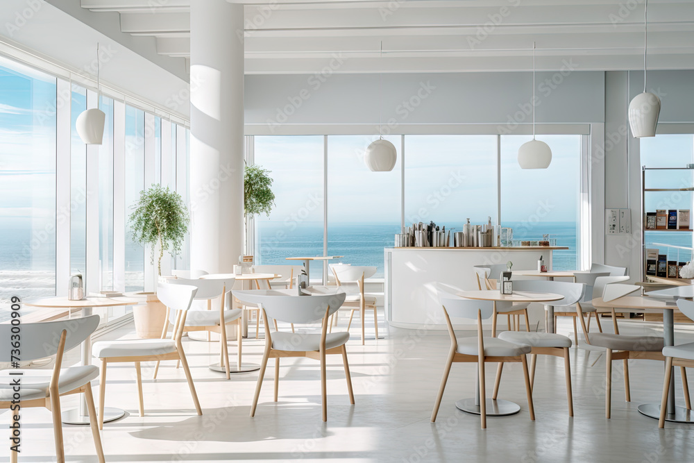 a modern cafe interior design, with wide windows, sea view
a modern cafe interior design, with wide windows, sea view