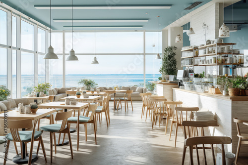  a modern cafe interior design  with wide windows  sea view