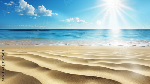 Sand of a heavenly beach and calm sea under the blue sky and the heat of the sun, summer vacation mood banner, tranquil and peaceful background, holidays in paradise