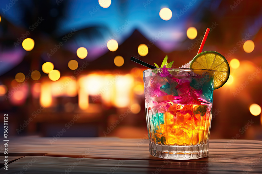 a tropic cocktail on the beach, festive lights a tropic cocktail on the beach, festive lights