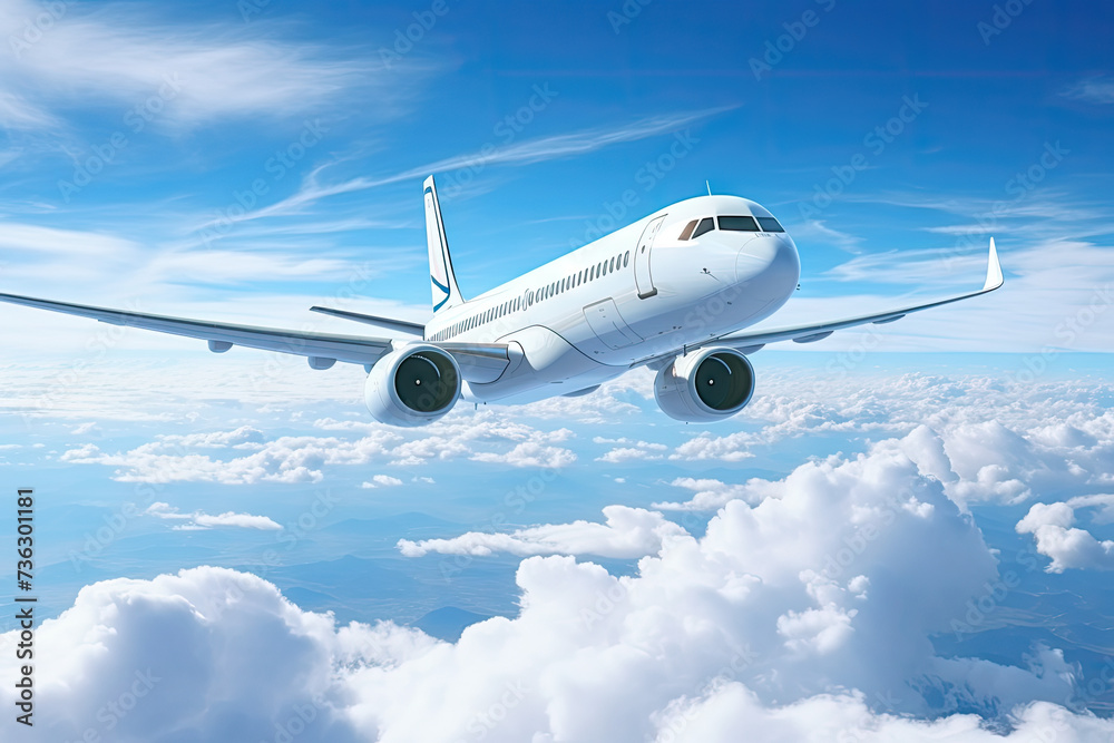 Obraz premium commercial airplane flying through the clouds in the sky as wide banner poster