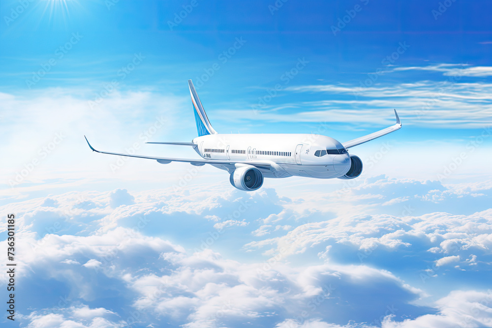 Obraz premium commercial airplane flying through the clouds in the sky as wide banner poster