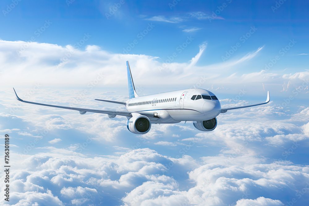 commercial airplane flying through the clouds in the sky as wide banner poster commercial airplane flying through the clouds in the sky as wide banner poster