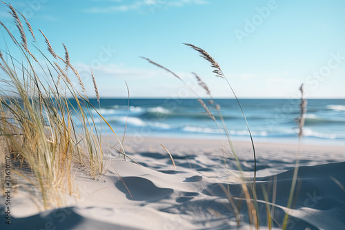 Fototapeta Naklejka Na Ścianę i Meble -  close up of a beach near some grass and sand, minimalist