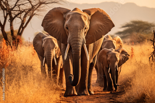 group of elephants walking on the dry grass in the wilderness © Kitta