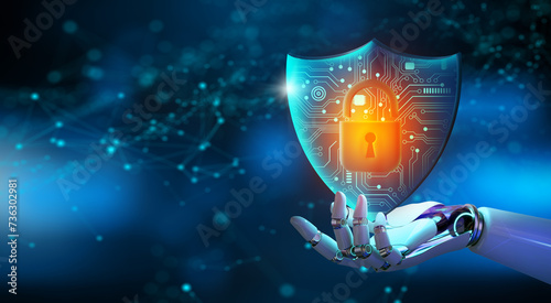 AI Robot Hand holding Shield with Padlock icon over blue background abstract. Cyber attack block, Cyber data, and Information privacy with Artificial Intelligence Concept. 3D Rendering.