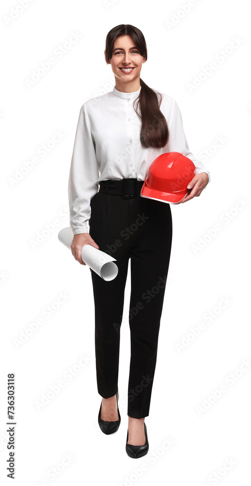 Architect with hard hat and draft on white background Architect with hard hat and draft on white background