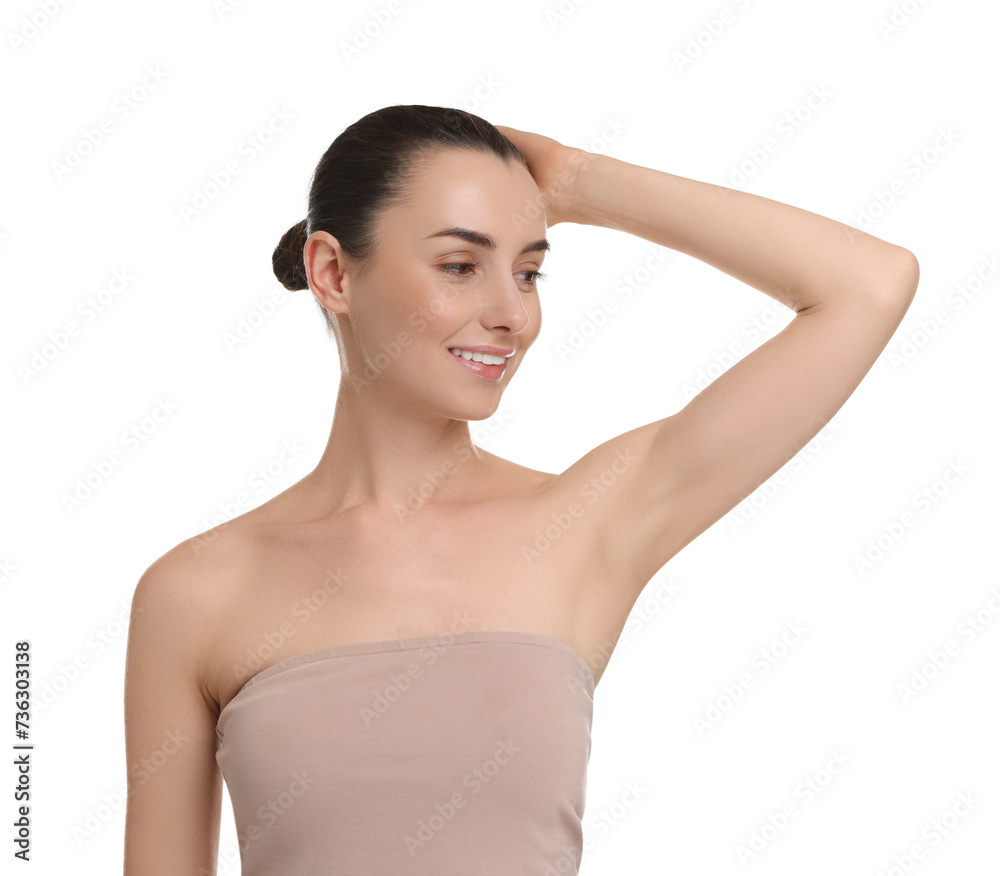 Beautiful woman showing armpit with smooth clean skin on white background Beautiful woman showing armpit with smooth clean skin on white background