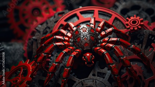mexican red kneed tarantula crawling ontop of a bunch of cogs, vivid but cool graphics and a design that's subtle enough to be a desktop wallpaper background