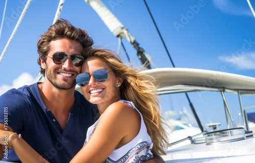 A cheerful young couple having fun on boat. Summer holiday concept. © Danko