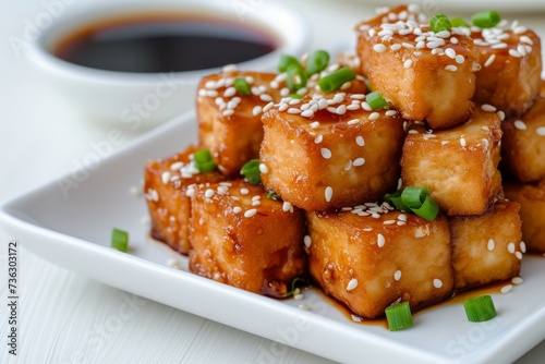Vegan and vegetarian style dish of fried tofu with teriyaki sauce and white sesame