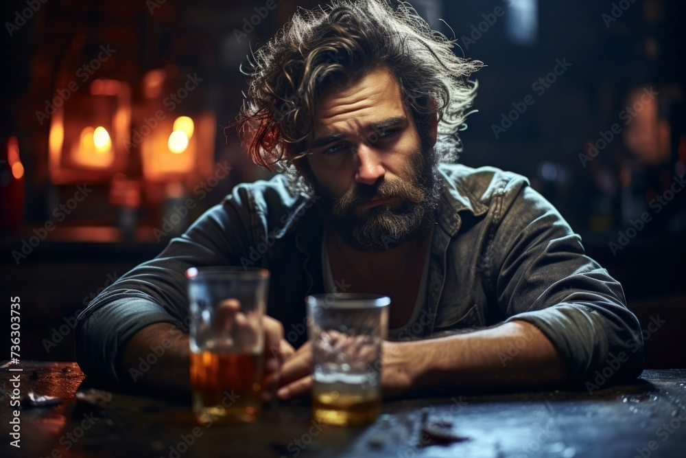 Sad man drinking whiskey and thinking. Having problems, drowning sorrows in alcohol.