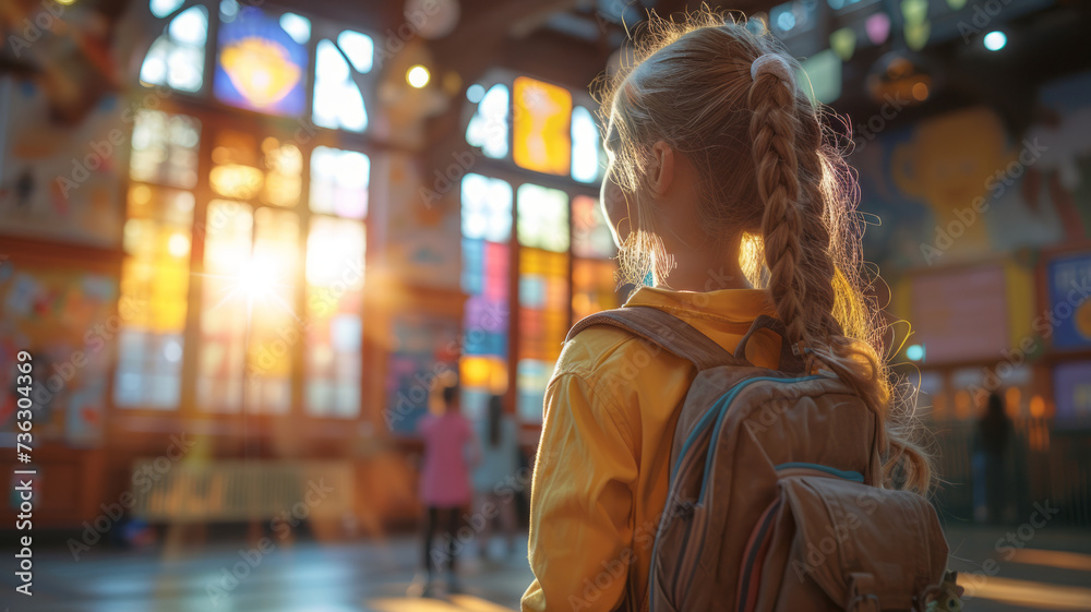 Small girl goes to preparatory school looking at illuminated windows in evening. Nervous preschooler walks to preparatory form for first time in back lit,,generative ai