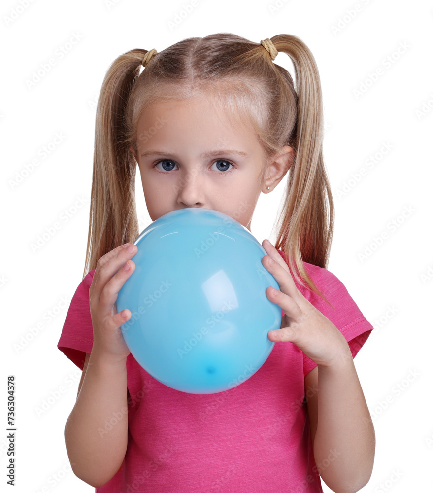 Cute little girl inflating light blue balloon on white background Cute little girl inflating light blue balloon on white background