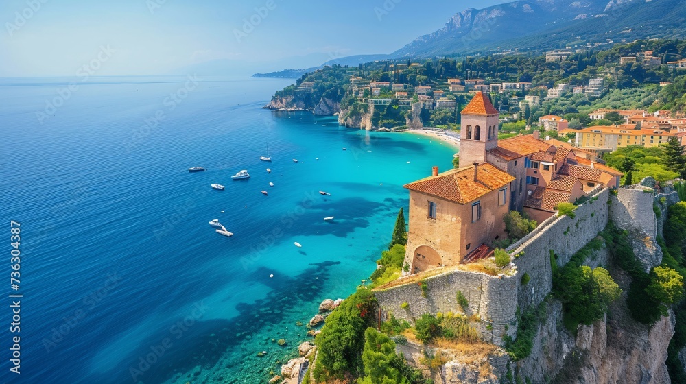 Panoramic vista of Mediterranean shoreline featuring historical city in southern France. - obrazy, fototapety, plakaty 