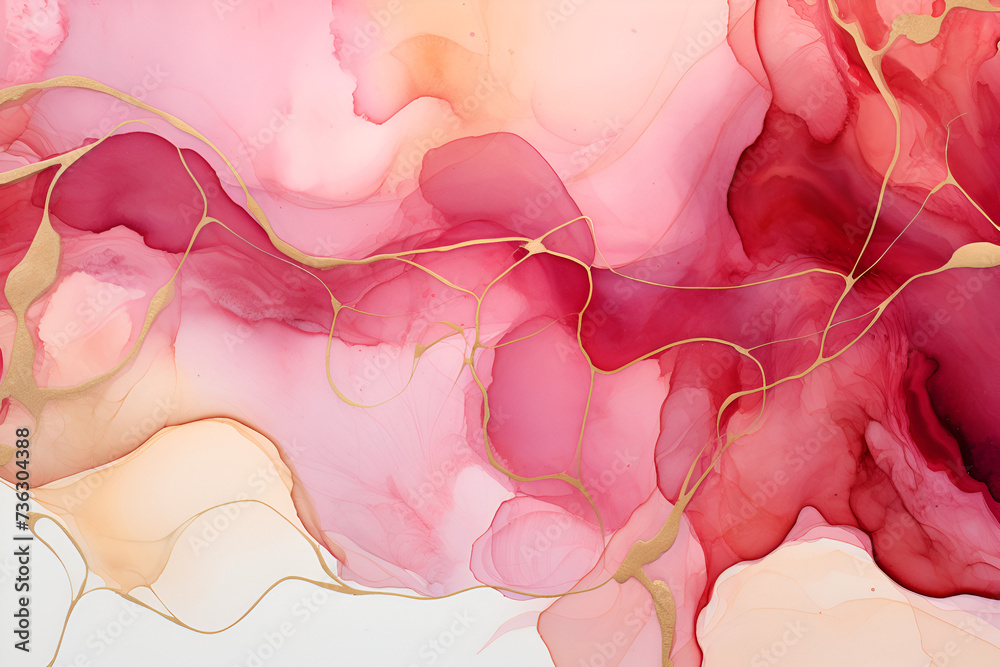 abstract background in alcohol ink technique, pink, red and golden colors.