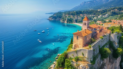 Panoramic vista of Mediterranean shoreline featuring historical city in southern France. photo