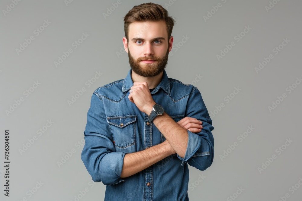 Smartwatch wearing and casually dressed business professional isolated on gray background