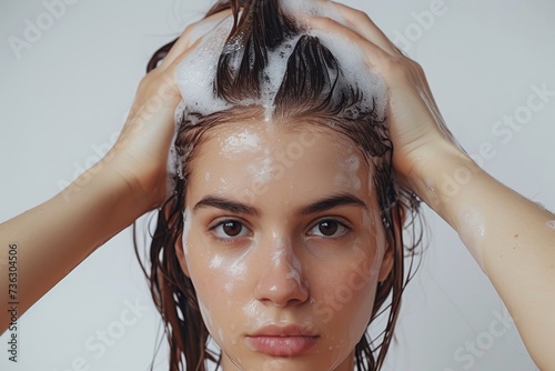 Woman washing her hair hands on head against white backdrop photo