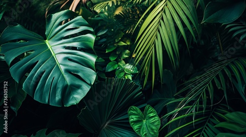 A detailed view of lush foliage with tropical leaves in a dark  flat lay concept.