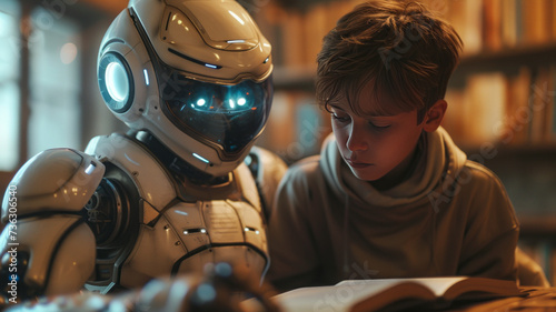 Innovative AI robot tutor helping a teenage boy with homework, they are reading books together, human-robot interaction concept,generative ai photo