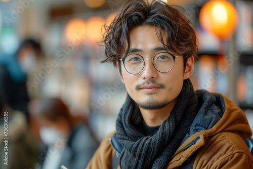 A stylish man with impeccable vision care, wearing glasses and a scarf, gazes confidently into the camera while standing on a bustling street in his sleek jacket