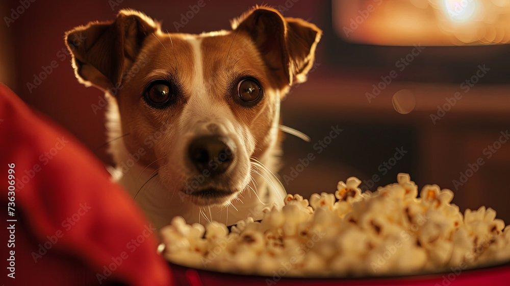 Cute dog watching an interesting movie with delicious popcorn