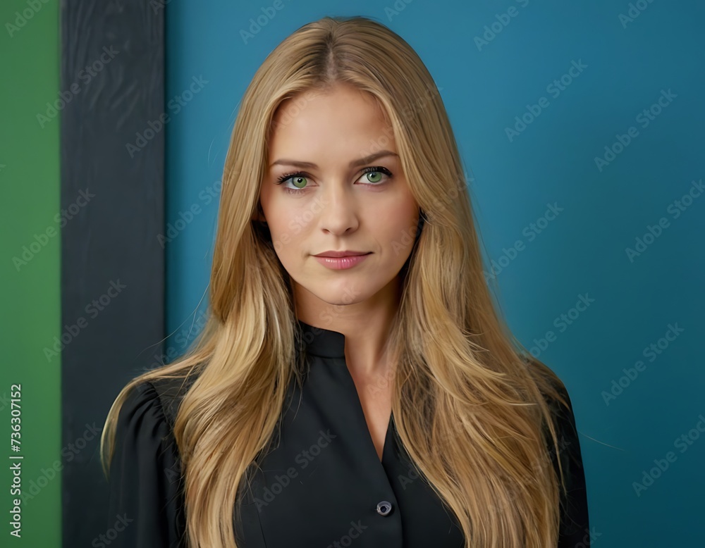 Photo of pretty woman wearing black dress with blue background ai generative Photo of pretty woman wearing black dress with blue background ai generative