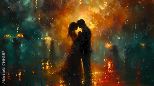 A couple dancing in the rain, their faces alight with joy and abandon as they revel in the moment