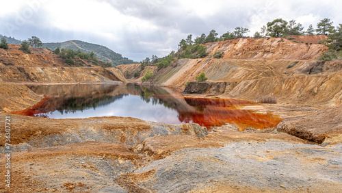Colorful view of Sia Mine Red Lake, a former copper and pyrite mine excavation basin filled with water, forming an impressive location, located near Sia Village, Nicosia district, Cyprus