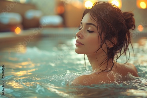 A serene woman basks in the warm waters of an outdoor hot tub, her human face reflecting the peacefulness of the tranquil swimming pool